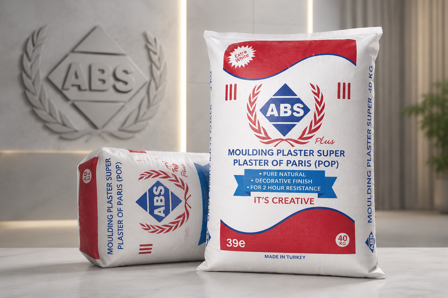 ABS POP cement bags in a modern showroom